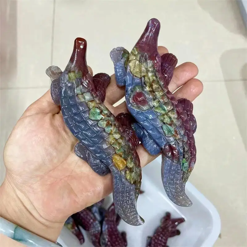 

14CM Natural Ocean Jasper Crocodile Mini Animal And Healing Crystals Craft Carved Statue Decoration Gift 1PCS