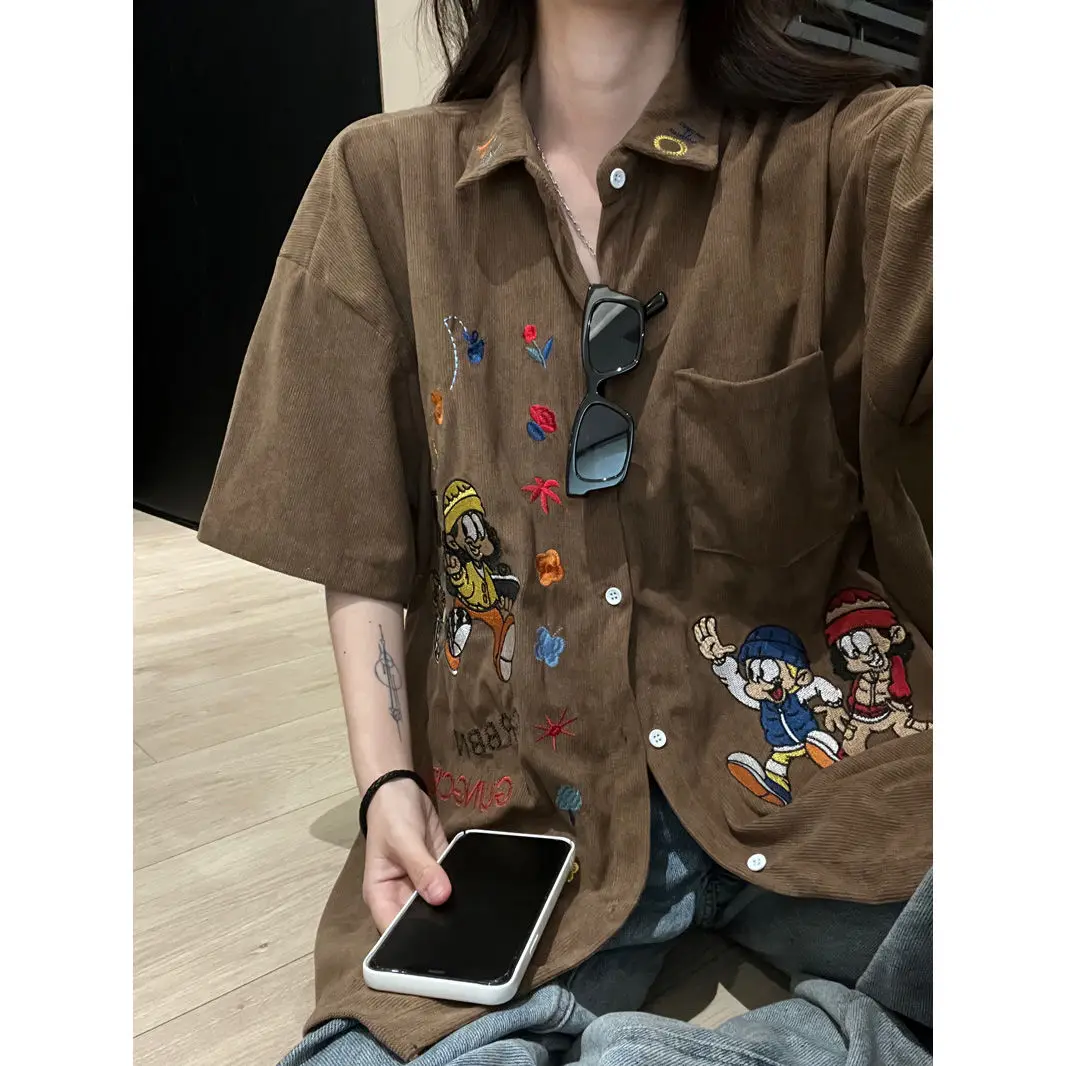 

Summer retro personality high street fun cartoon embroidery Corduroy short sleeve shirt men and women loose casual style top