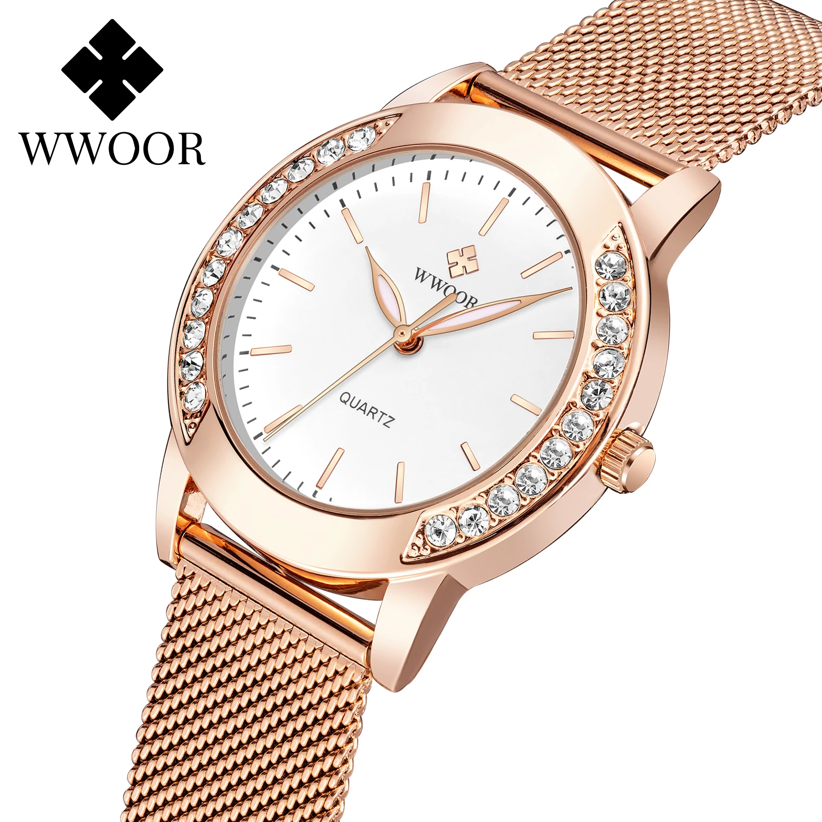 WWOOR Simple Women's Watch Japanese Movement Diamond Elegant Waterproof Rose Gold Stainless Steel Mesh Ladies Quartz Wristwatch