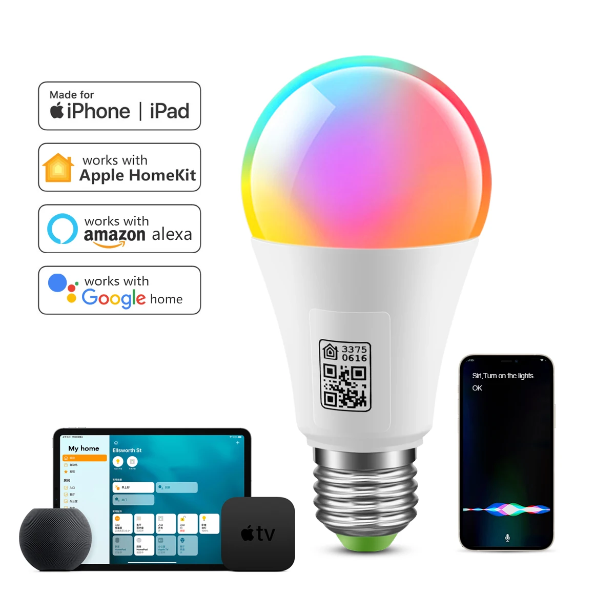 홈킷 LED 스마트 와이파이 전구 E27 램프, MFI 인증, 여러 가지 빛깔의 밝기 조절 LED 전구, 시리 알렉사 에코, 구글 어시스턴트 작동
