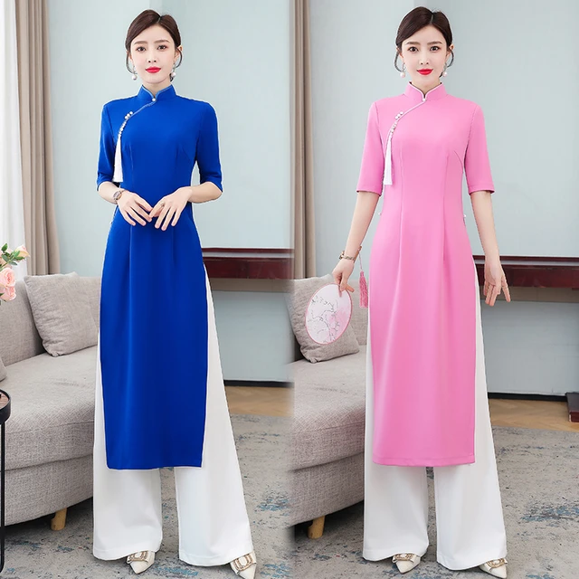 Ao Dai Vietnam Long Tops Pant Suits Women Plus Size Slim Vintage National  Clothing Solid Simple Chinese Style Two Piece Set 5XL - AliExpress