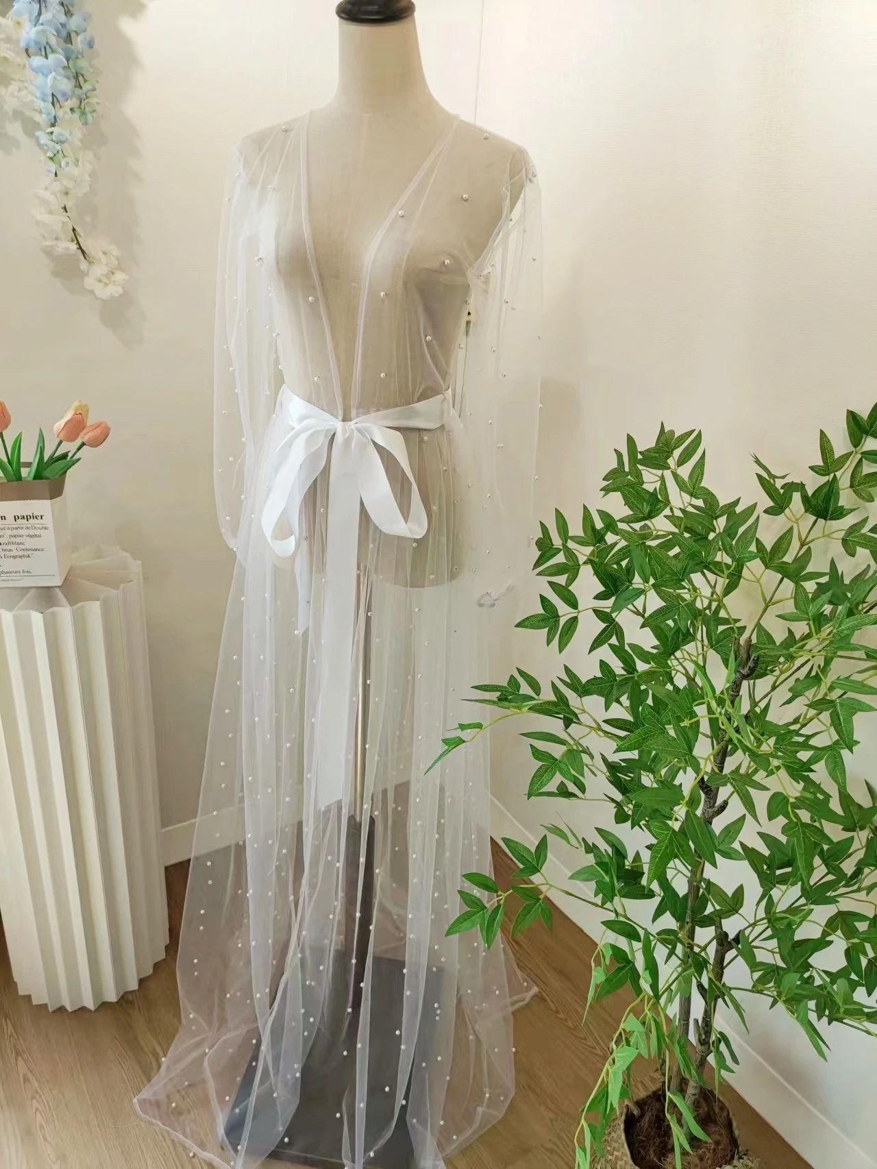 Bride Long Sheer Kimono Cardigan Luminous Lace Pearls Luxurious