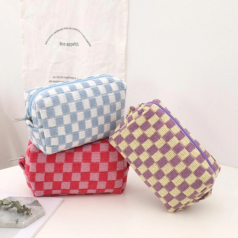 NEW Ins Checkerboard Knitted Pencil Case B Capacity Pen Bag Zipper Stationary Organzier Daliy Lips Makeup Storage Stationary