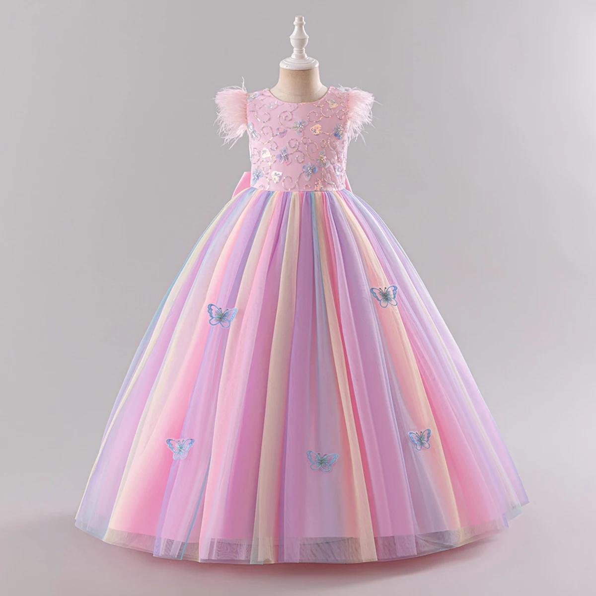 Shiny Toddler Stunning Little Big Girls Feather Sleeves Flower Girl Birthday Party Pageant Formal Holiday Christmas Dress 2