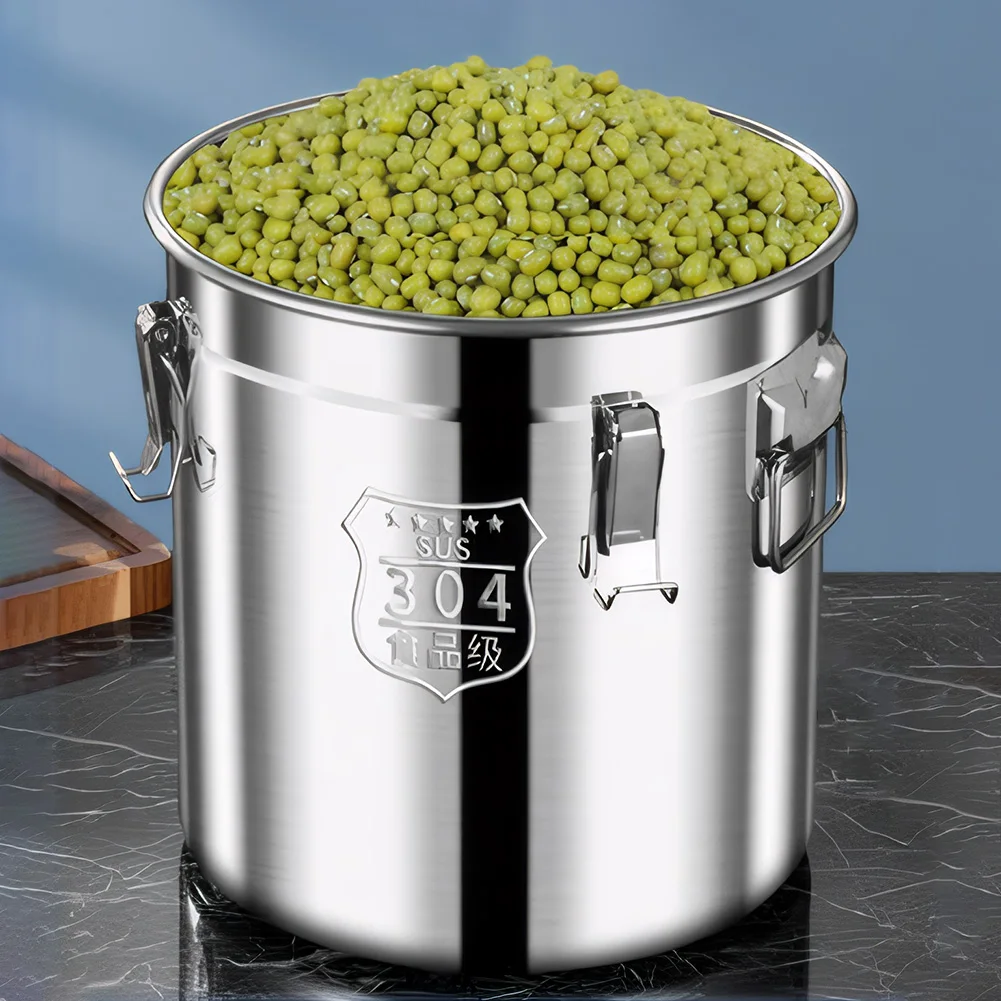 6/12/21/33L 304 Stainless Steel Canister with Seal Lid Food Oil Sugar Milk Storage Bucket with Handles Home Kitchen Container