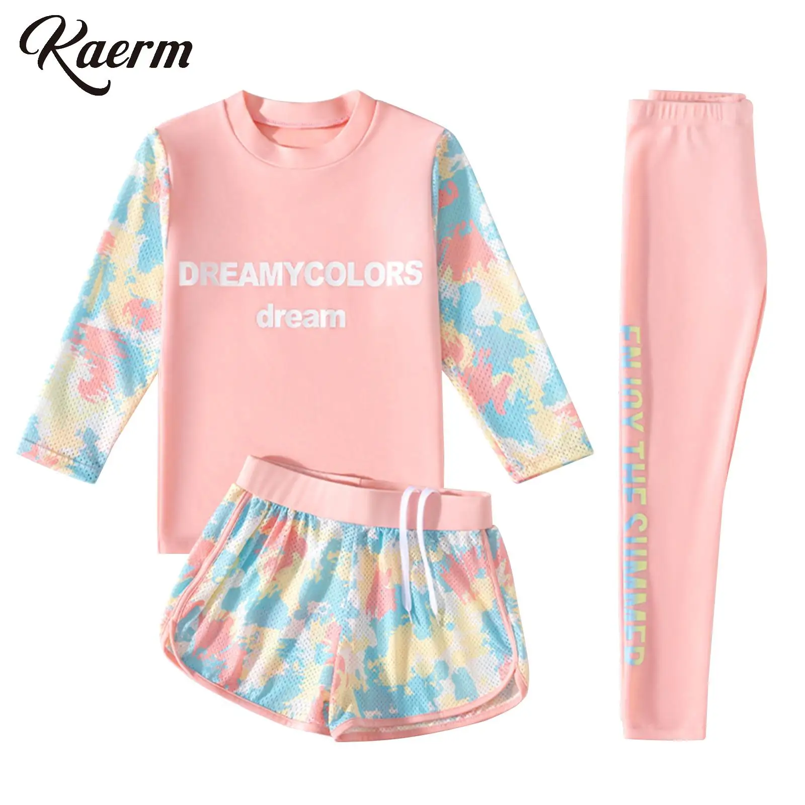 

3 Pcs Swimsuit for Kids Girls Long Sleeve Rashguard Shirts Shorts with Leggings Beach Surfing Wetsuit Sun Protective Tankini