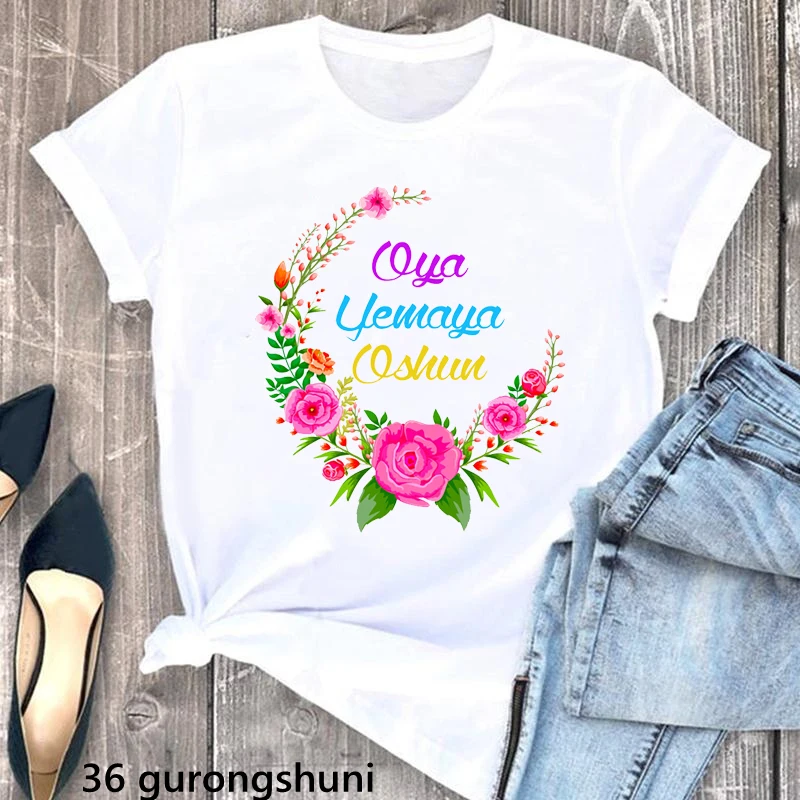

Yemaya Goddess Of The Sea Print Tshirt Women Oshun With Sunflowers Classic T Shirt Femme Aesthetic Clothes Summer T-Shirt Female