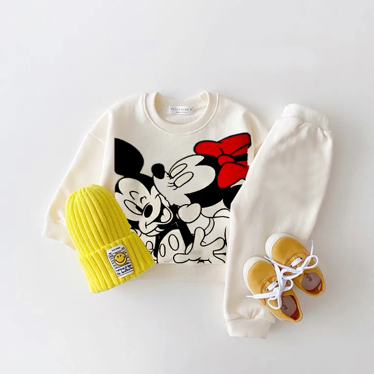 thumbnail image 1 of Disney-sudaderas con capucha para bebé y niño, conjunto de dos piezas con estampado de dibujos animados, Tops de manga larga y pantalones, traje informal, 1 of 2