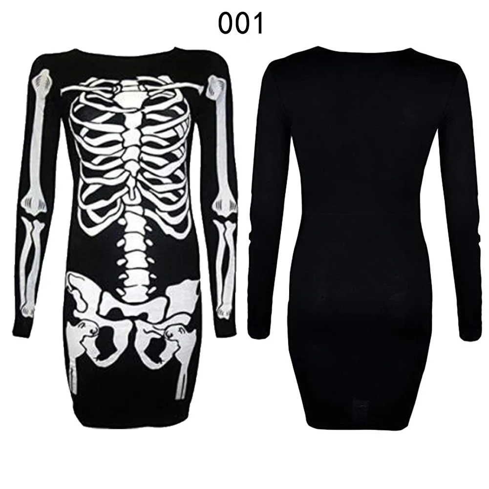 Halloween Horror Skeleton Print Dress Women Trick or Treat Fashion Shirts Tunic Tops Loose Fit Basic Lady Clothes