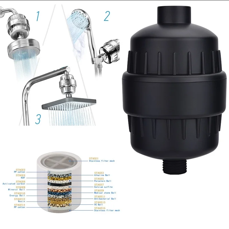 High Output 15 Stages Shower Water Filter Connector+Removes Chlorine