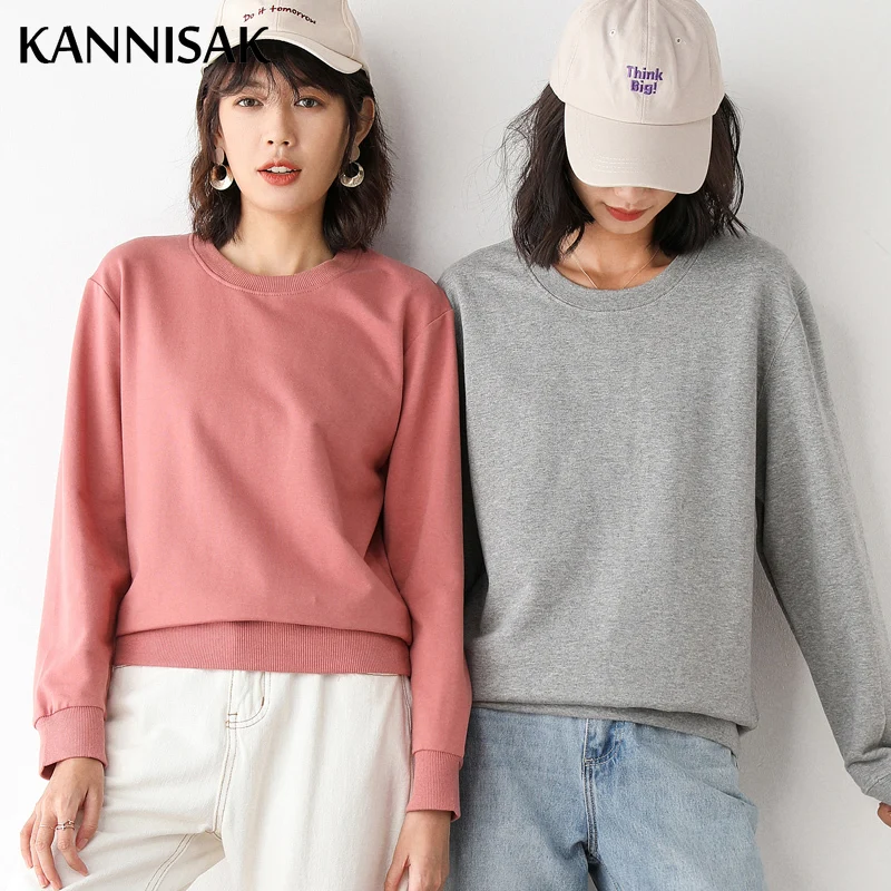 Women Sweatshirts O-Neck 100% Cotton Korean Outerwear Spring Autumn Casual Sweatshirt Solid Pink Womens Pullovers Harajuku Tops