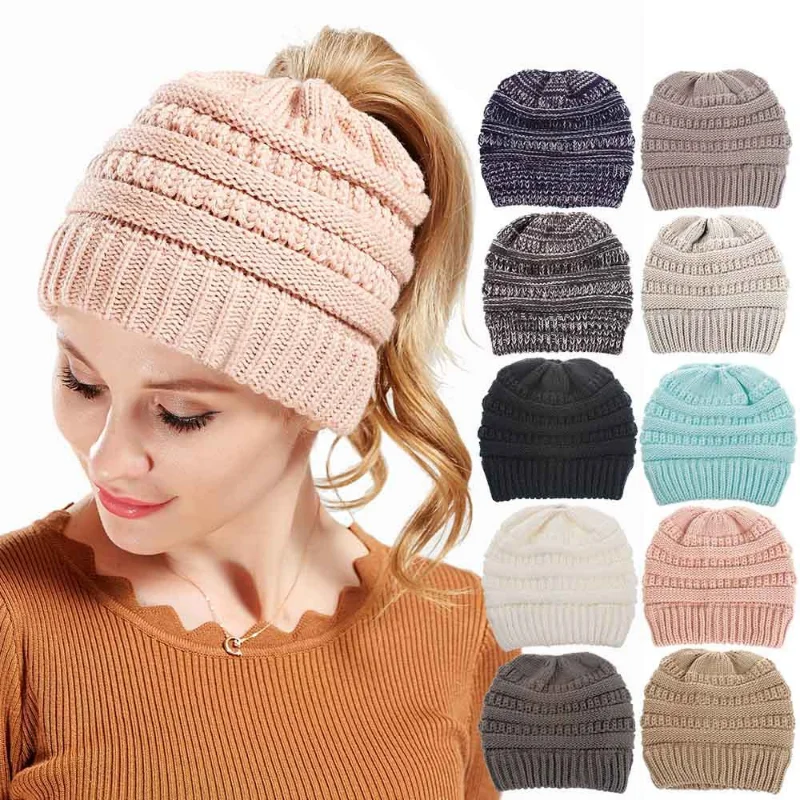 Berretto invernale da donna con foro superiore per palla da donna, berretto lavorato a maglia, cappello spesso da donna, berretti in maglia con teschio da donna_voghion.com