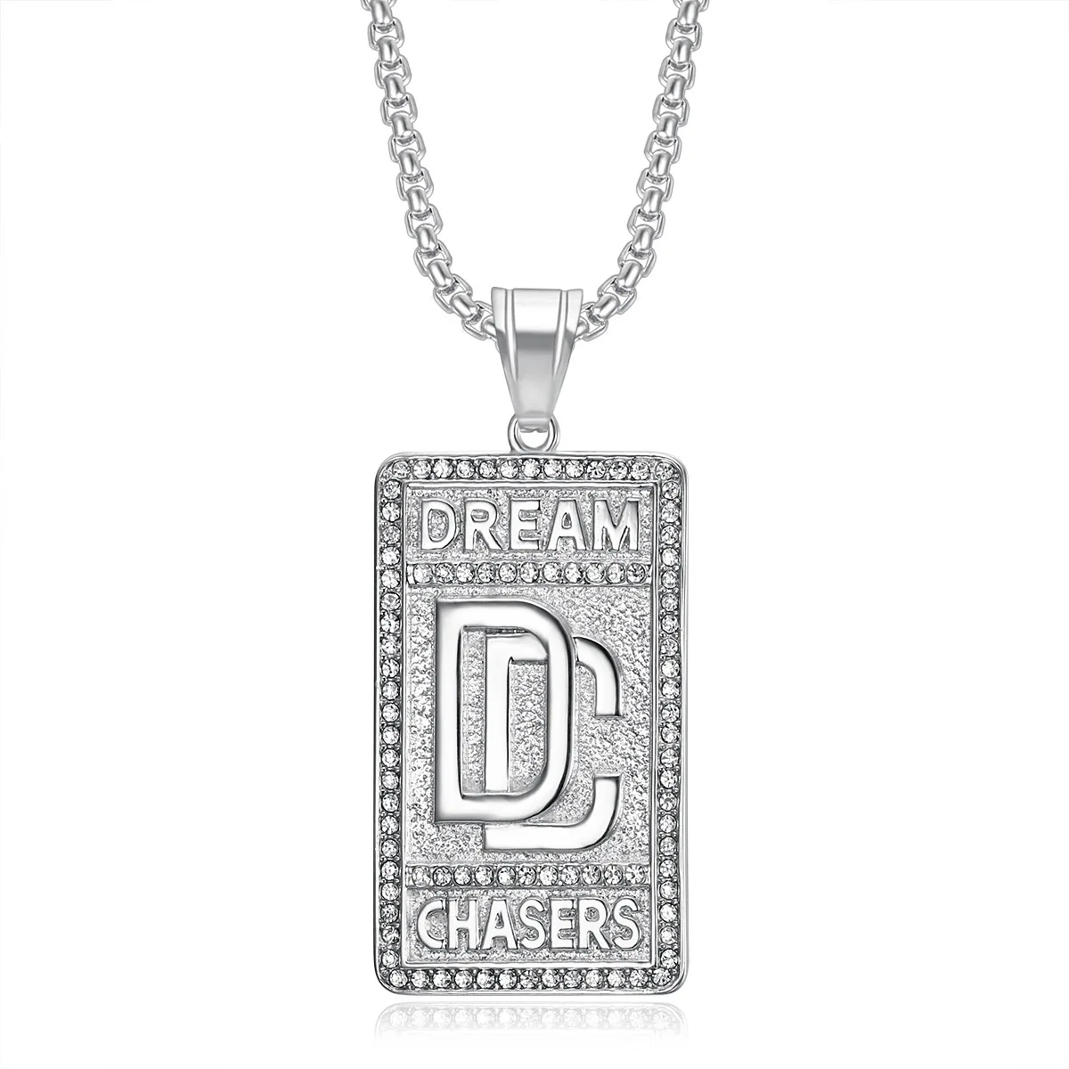 Hip Hop Custom Stainless Steel Gold Crystal Pendant Cubic Zirconia Necklace Men Square Pearl Chain Wholesale 6