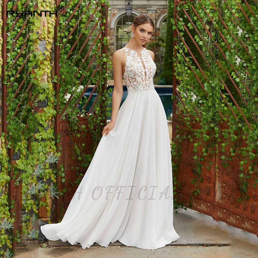 

Ryanth Boho Chiffon O-Neck Beach Wedding Dress Bohemian Illusion Back Lace Appliques A Line Sleeveless Bridal Gown Sweep Train