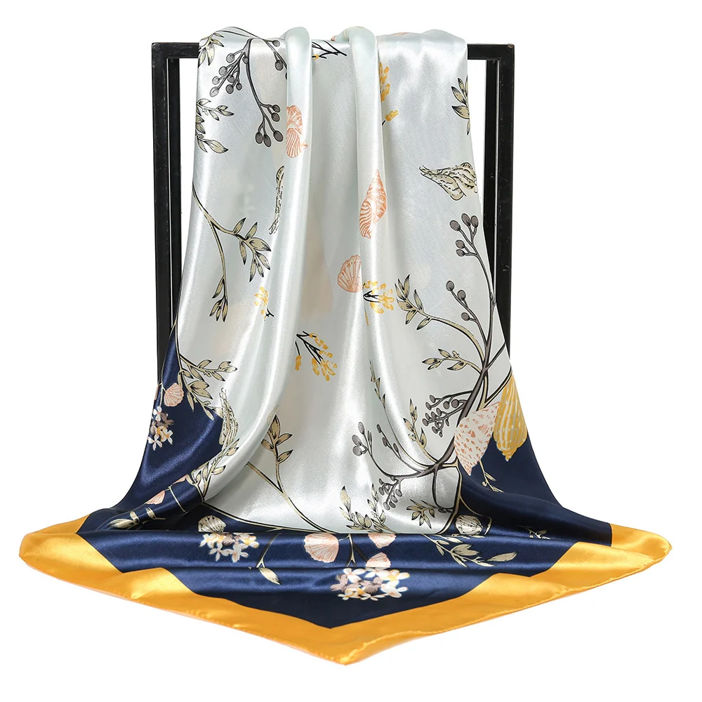 90*90cm Luxury Brand Twill Silk Large Scarf Women Fashion Belt Pattern Satin Square Lady Design Handkerchief Cosplay Costume