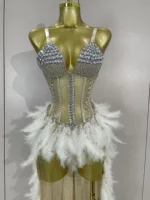 Sparkly Rhinestones Feathers Long Tail Bodysuits Sexy Mesh Transparent Stage Dress Evening Party Celebrate Luxury Birthday Dress - Image 5