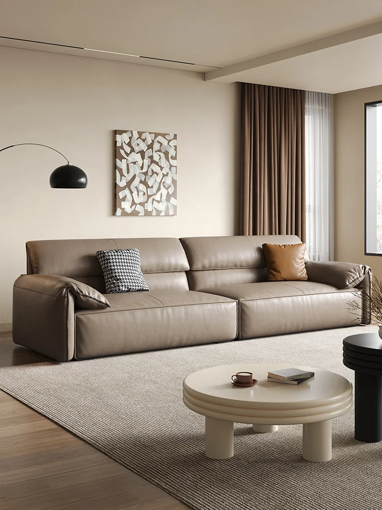 

Современный минималистичный прямой минималистичный кожаный диван из воловьей кожи с ушками слона для гостиной комнаты