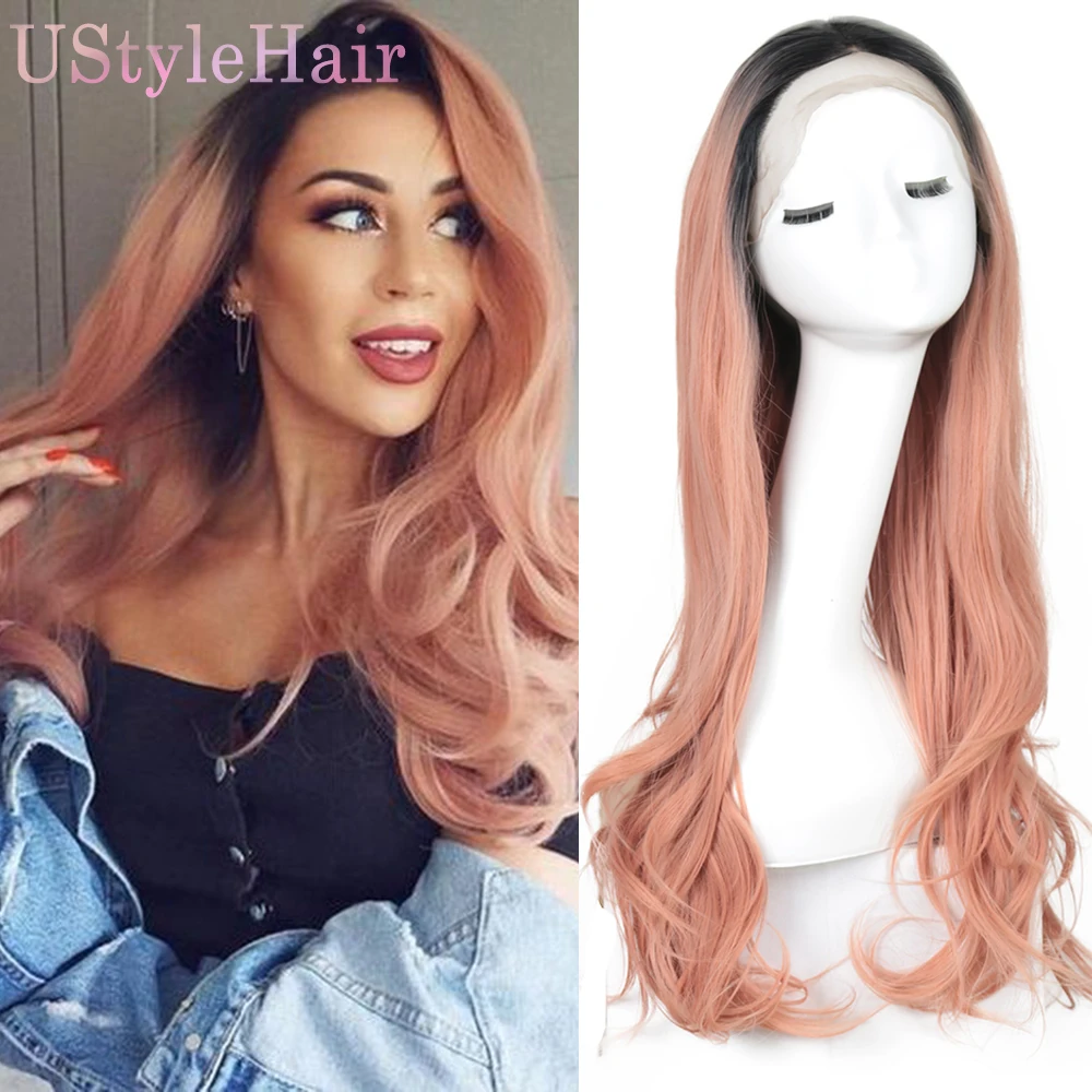 

UStyleHair Ombre Pink Long Natural Wave Wig Heat Resistant Synthetic Hair Daily Use Lace Front Wig Dark Roos Pink Lace Wig