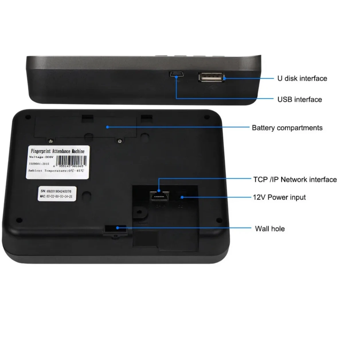 Realand A-L321 2.4인치 얼굴 지문 인식 시간 출석 기계 RFID 카드 TCP/IP/USB(배터리 포함)