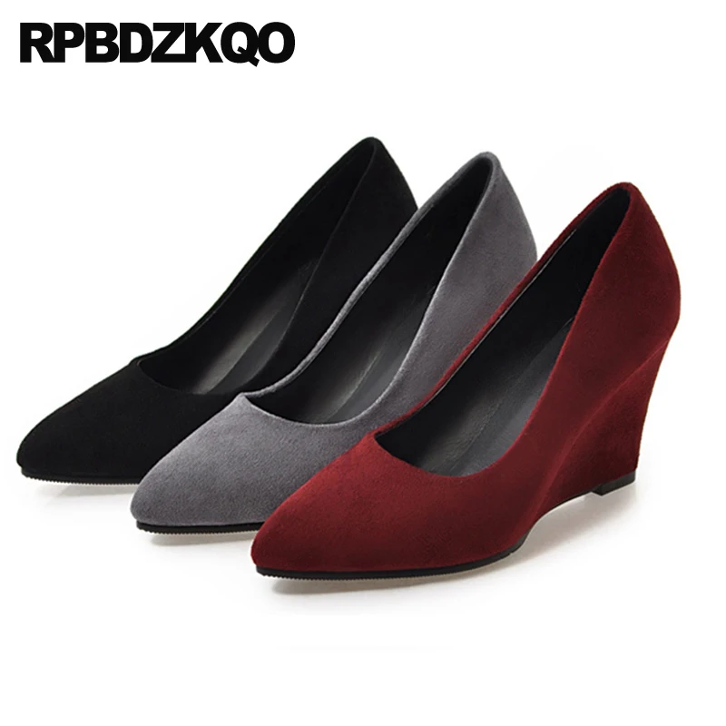 

Nubuck Pointed Toe High Heels Pumps Small Size Shoes 43 33 Slip On Plain Plus Solid Court Burgundy Sheepskin Wedges Women Work