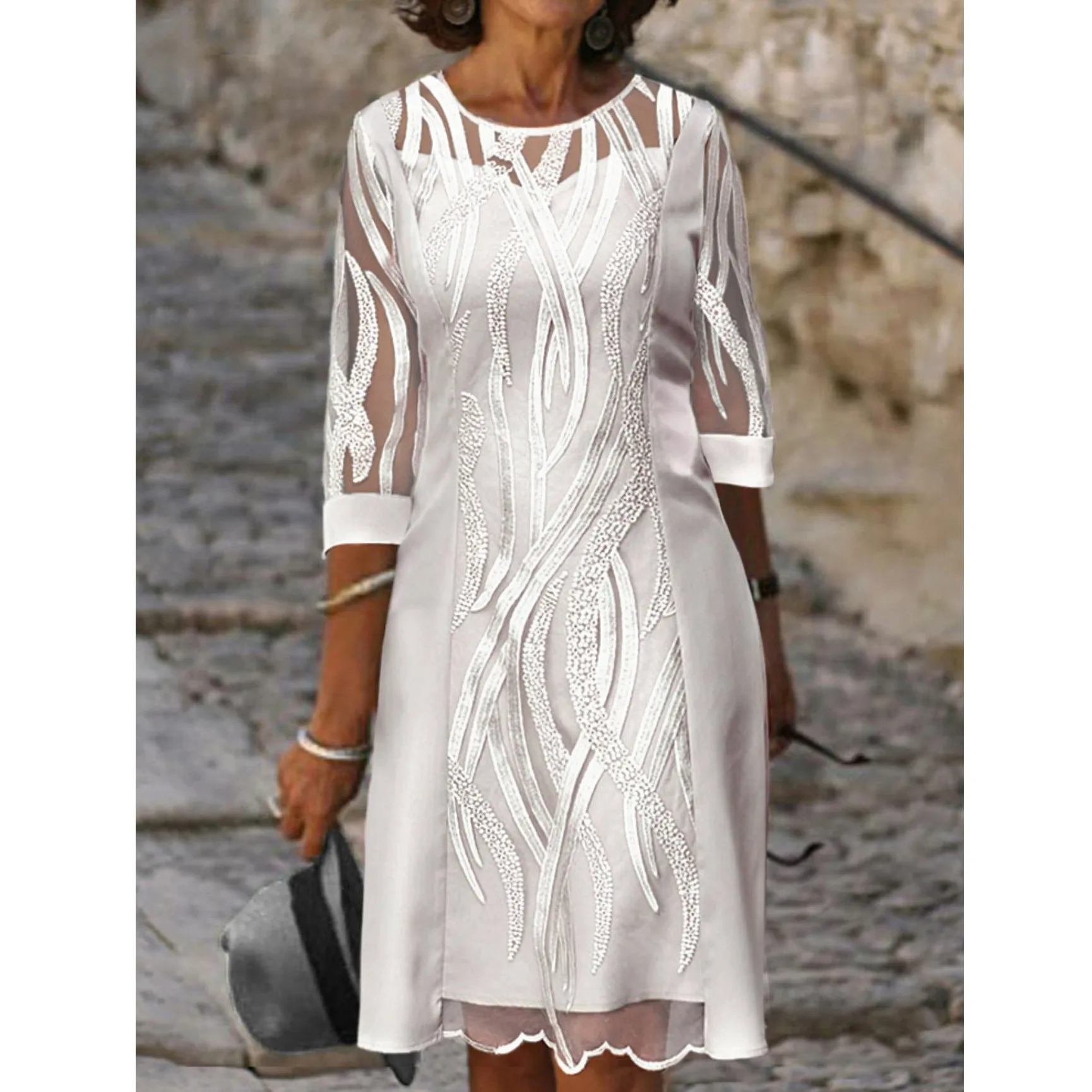 

Autumn Summer Half Sleeve Casual Dress Sexy See-Through Patchwork Lace Party Dress Women Fashion O Neck Loose Pullover Dress