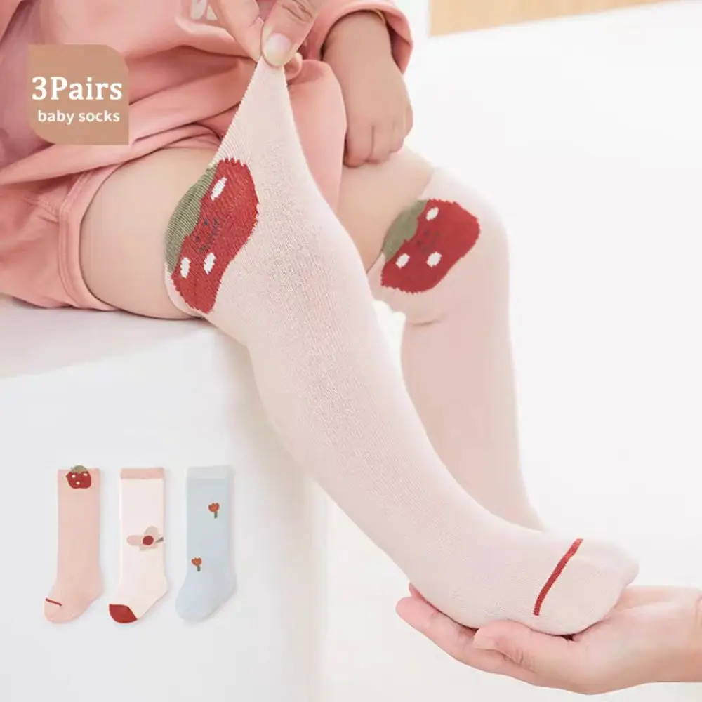 3Pairs Strawberry Calf Socks Baby Cotton Flower Cartoon Above Knee Socks Cute Animals Print Toddle Cotton Stockings Newborn