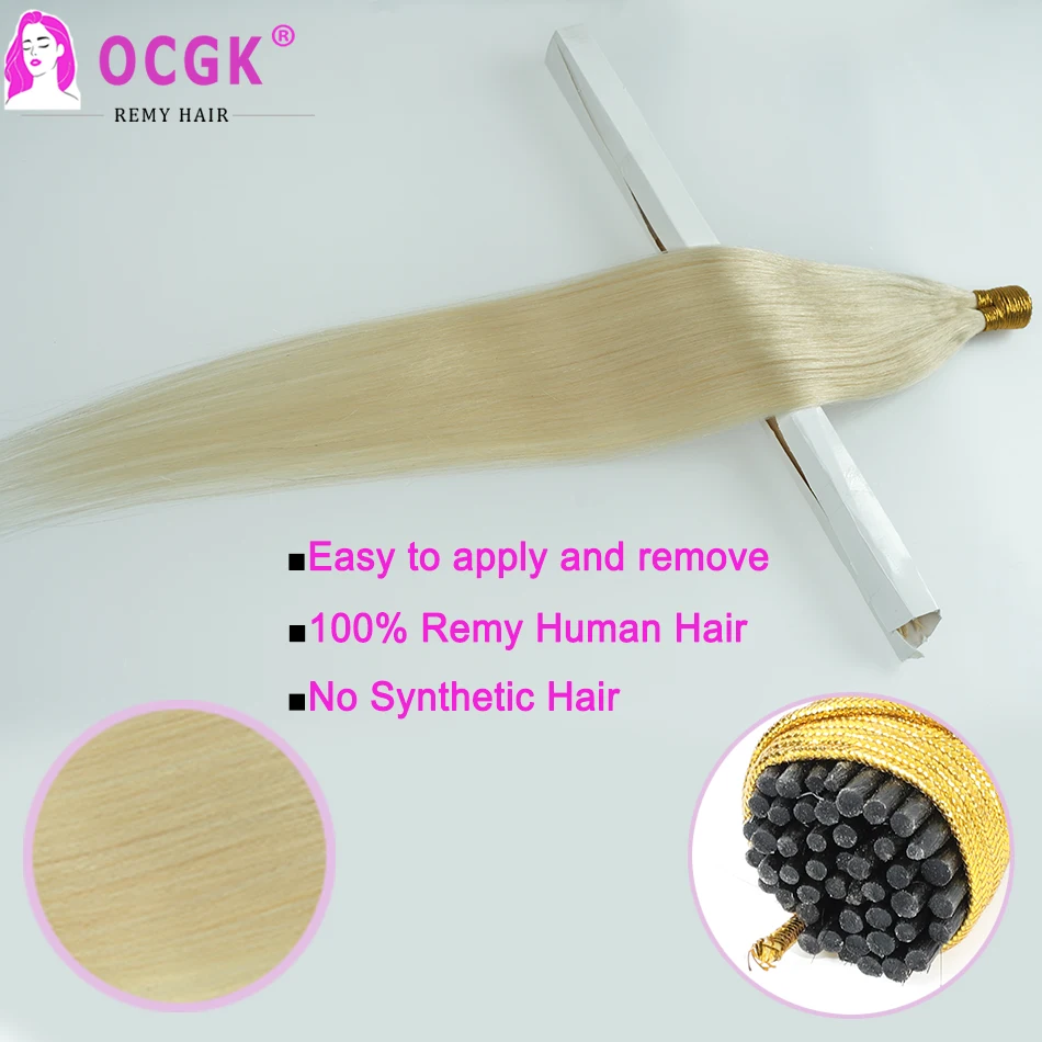 60# Straight I Tip Hair Extensions Human Hair Platinum Blonde Pre Bonded Remy Human Fusion Extensions For Women 12-26Inch