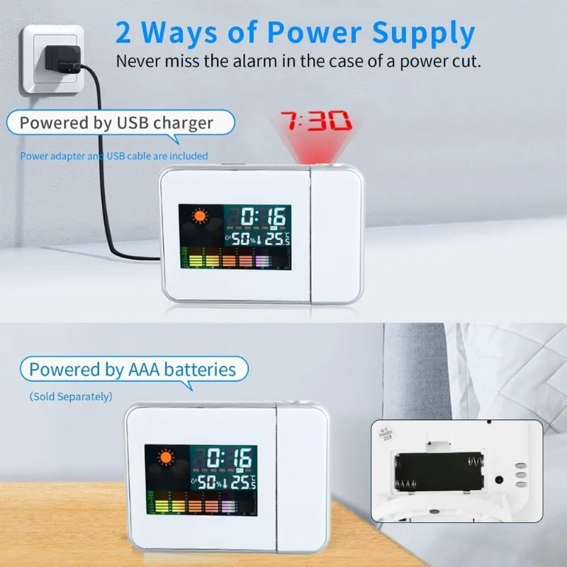 Color Screen Digital Projection Weather Alarm Clock, Electronic LED Adjustable Angle Projection Intelligent Alarm Clock