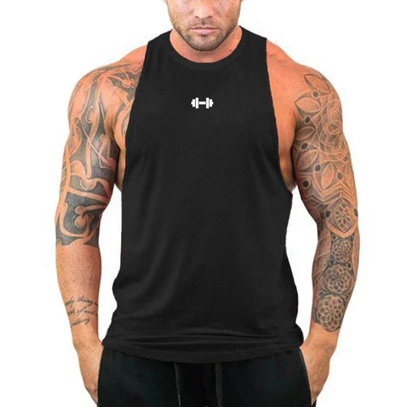Dumbbell Print Workout Tank Top Muscle Gym Clothing Bodybuilding Stringer Tanktop Men Mesh Vest Sleeveless Shirt Sports Singlets
