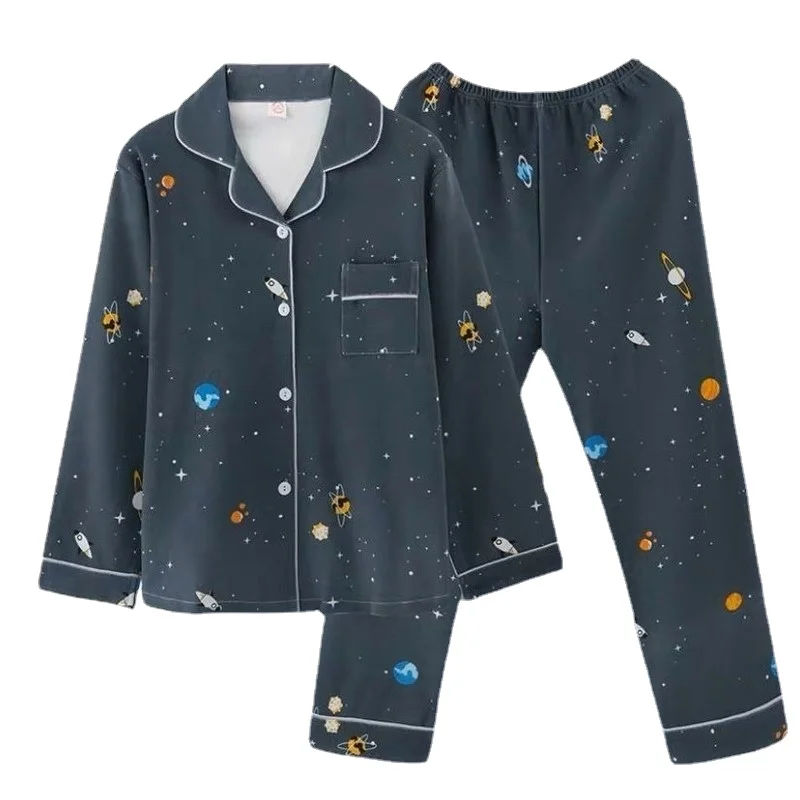 

Домашняя одежда для женщин, пижамы с принтом планеты, хлопковая одежда для сна для девочек, Осенние комплекты одежды для сна, женский кардиган, домашняя пижама для влюбленных