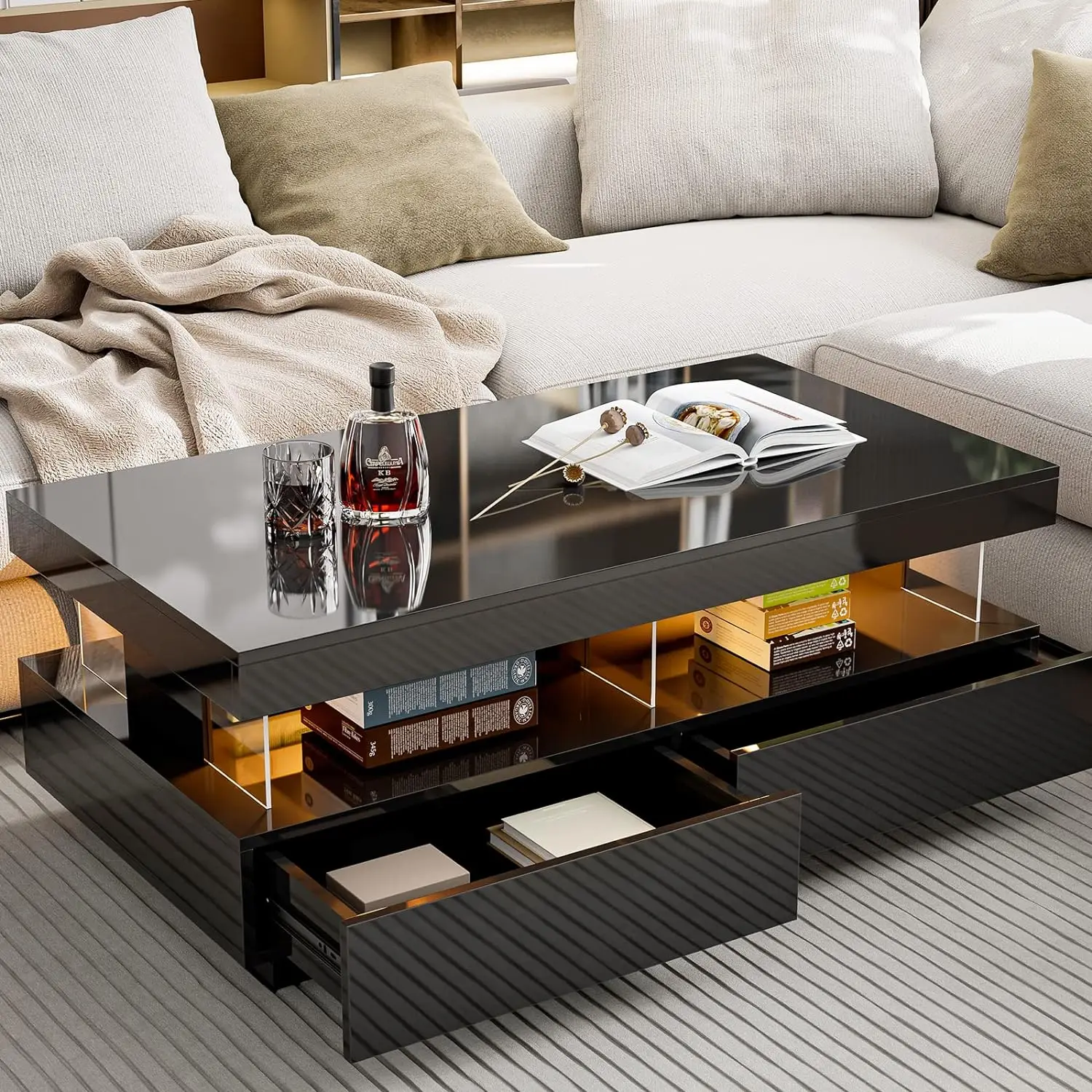 

Modern LED Coffee Table,Table with Acrylic Design Open Space and 2 Storage Drawers,16 Colors LED Lights for Living Room Bedroom