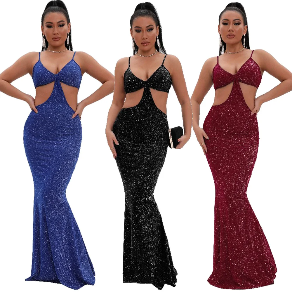 

Women Bright Silk Spaghetti Strap Long Dress Summer Sexy Hollow Out Low-Cut Slim Bodycon Package Hip Party Club Night Dresses