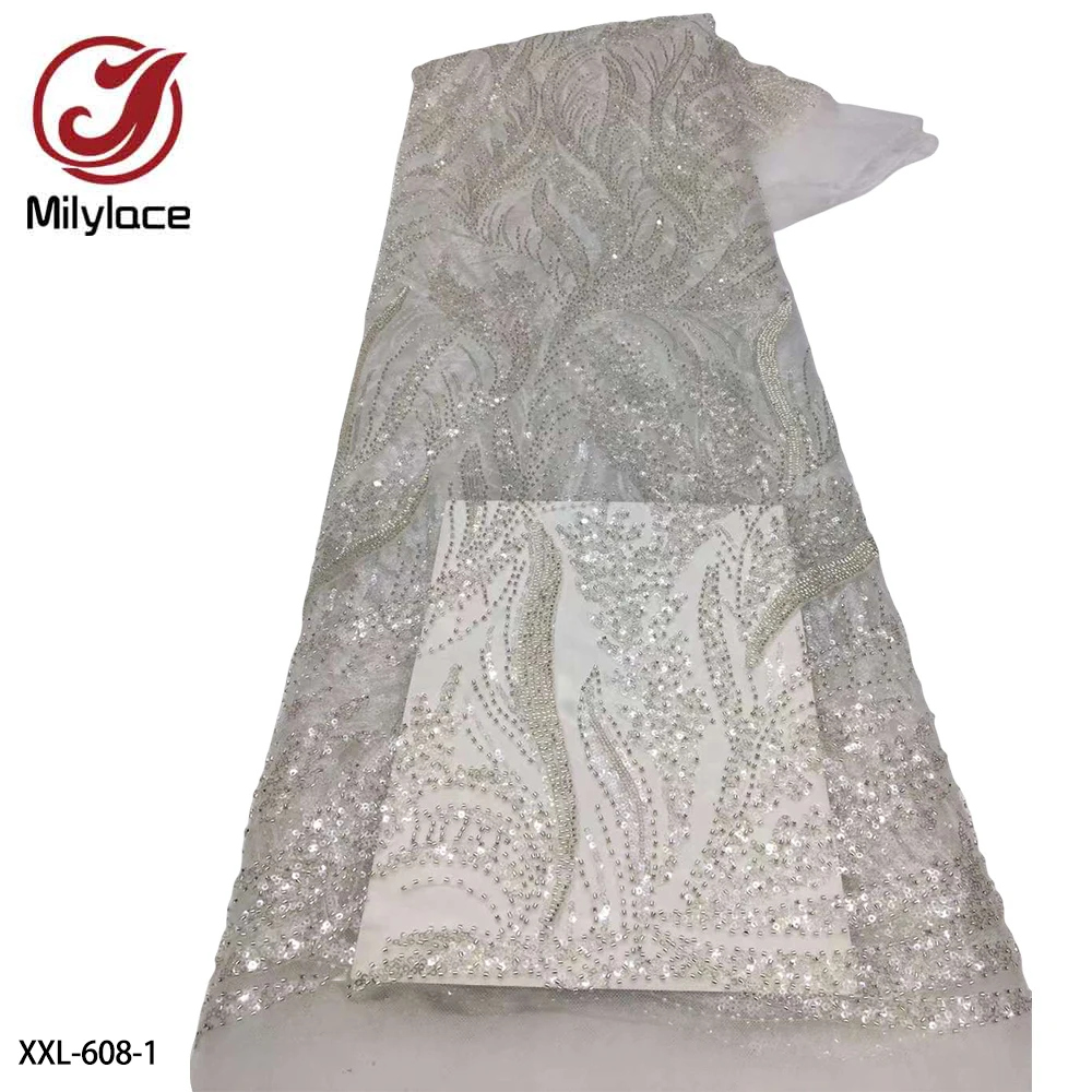 

African Nigerian Sequins Lace Fabric Embroidery French Beaded Lace Fabric 5 Yards for Nigerian Party Wedding XXL-608