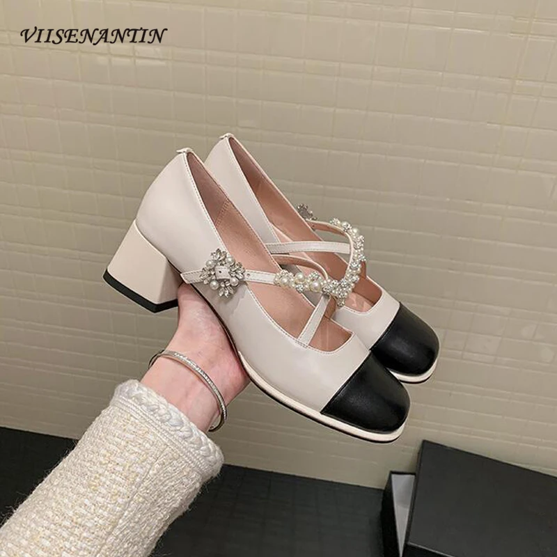 

Pearl Crystal Decor Cross Buckle Strap High Heel Shoes Women Real Leather Patchwork Square Toe Thick Heel Mary Jane Single Shoes