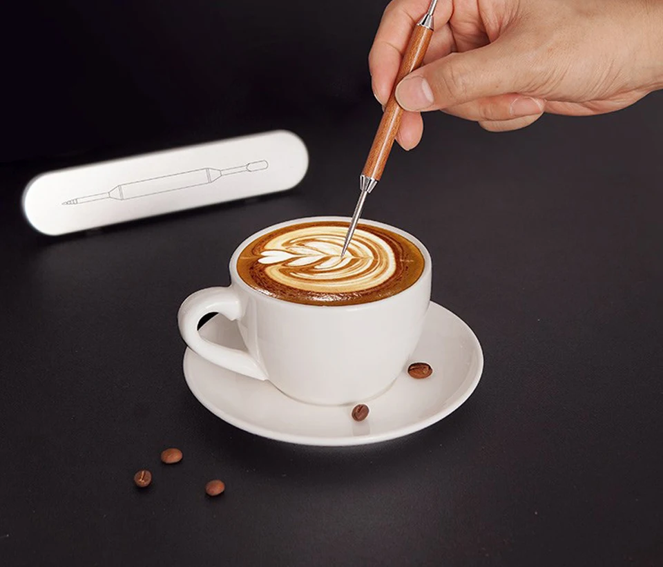 Description Picture 6 of itemStainless Steel Coffee Decorating Art Pen Wooden Handle Latte Pull Flower Needle Barista Tool Coffee Accessories Modeling Tool
