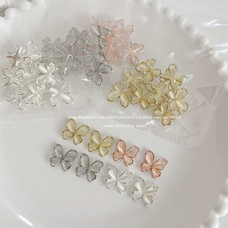 10Pcs 3D Opal Alloy Butterfly Nail Art Charms Jewelry Rose Gold/Silver/Gray Crystal Rhinestones 13x14mm Nail Parts Accessories