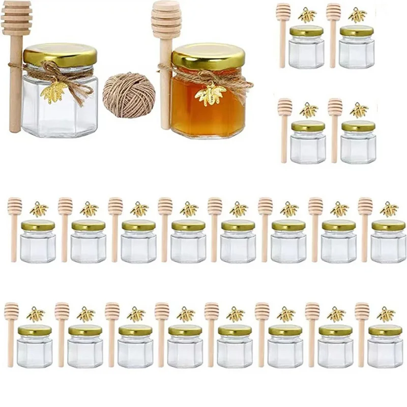 1.5Oz Mini Hexagon Glass Honey Jars Wood Dipper Bee Pendants Jutes Home Jam Jars Party Favors Wedding Baby Shower