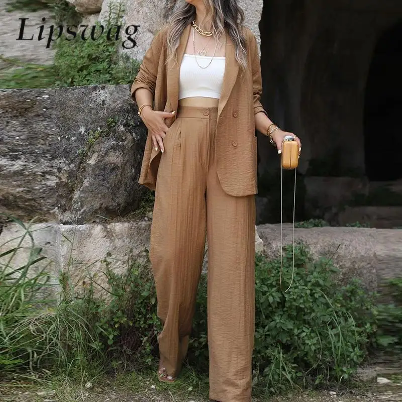 

Fashion Long Sleeve Blazer Coat & Straight Pants Outfits Solid Color Women Loose 2pc Set Spring Autumn Cotton Linen Casual Sui