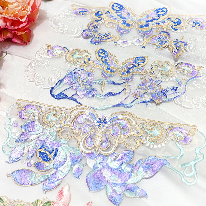 Chinese Style Embroidered Patches Butterfly Iris Cherry Blossoms Lotus Embroidery Patch for Hanfu 1pc