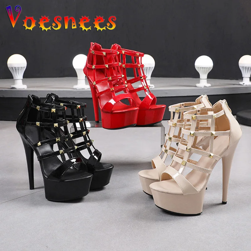 Women Sexy Thin Band Net High Heel With Metal Rivet Sandals Summer