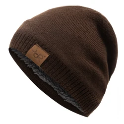 Unisex Labal Winter Beanie with Fur Lining - Solid Color Knitted Warm Hat - 54cm-60cm (Coffee)