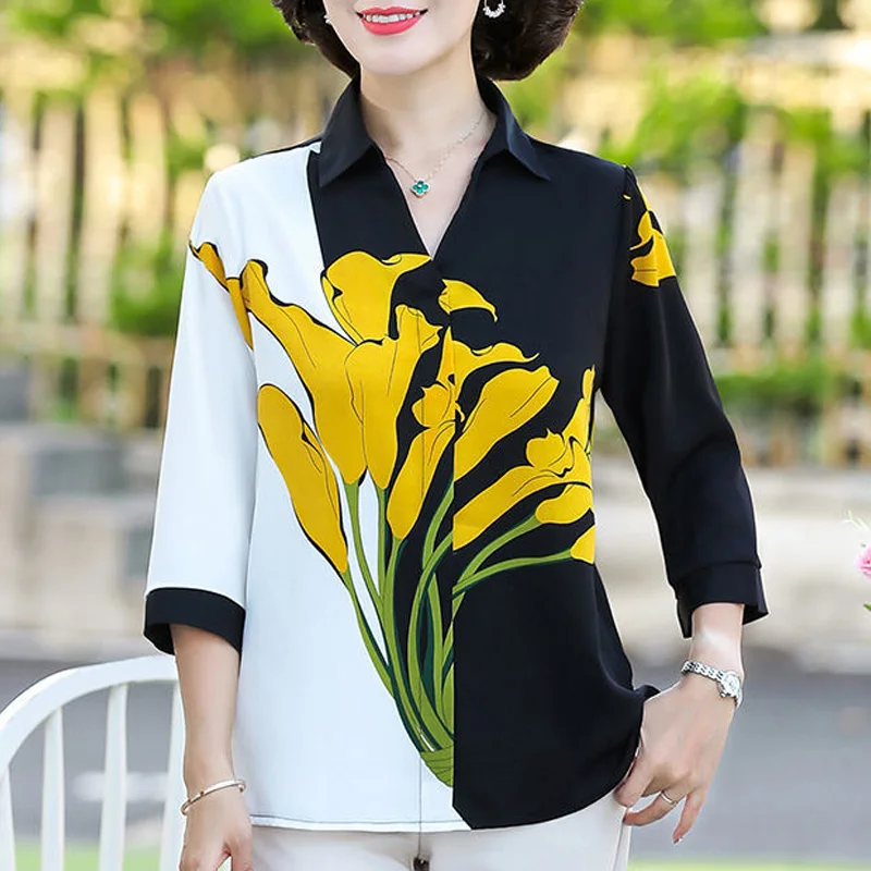 2023 Summer Fashion Trend Temperament Elegant V-neck Flower Print Commuting Simple Casual Loose Versatile Three Quarter Shirt 2023 new fashion casual business trend youth dress high quality fabric suit suit a buckle lapel collar three piece suit