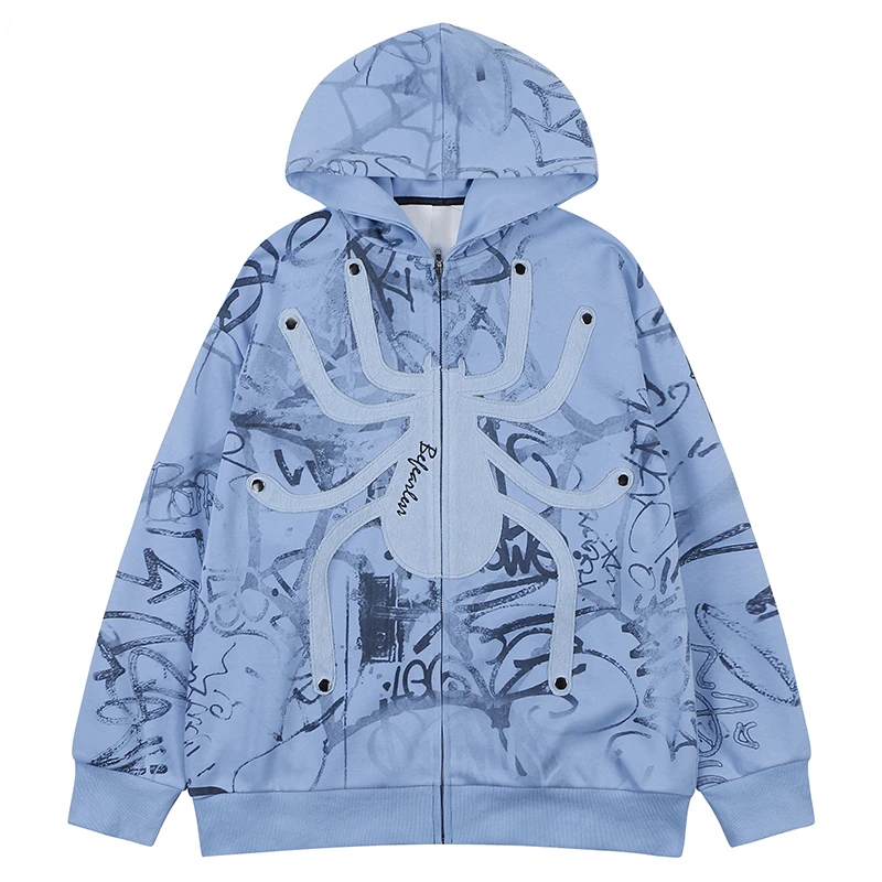 

Autumn Men Zip Up Hoodies Jackets Hip Hop Spider Patch Embroidery Graffiti Streetwear Harajuku Casual Fashion Hooded Sweatshirts
