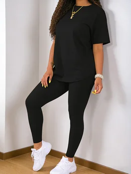 Fashion round-neck short-sleeved top paired with tight-fitting long pants - women's two-piece solid-color set 1