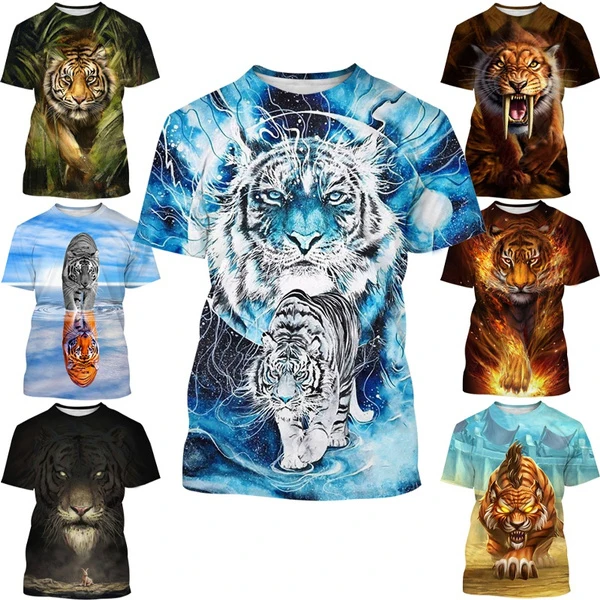

Summer New Fashion Cool Tiger 3D Printing Men's Round Neck T-shirt Tops
