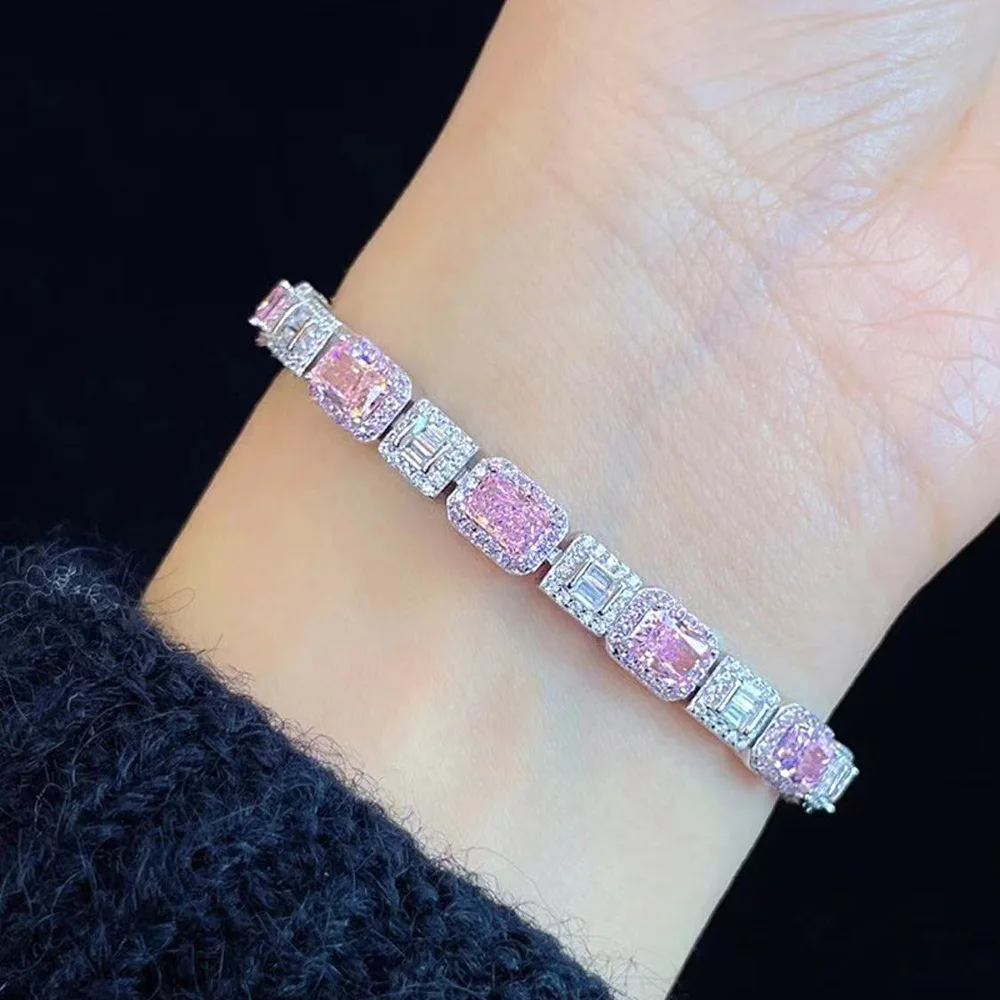 Trendy Square Pink Diamond Bangle Bracelet 100% Real 925 Sterling silver Wedding Bracelets For Women Bridal Engagement Jewelry