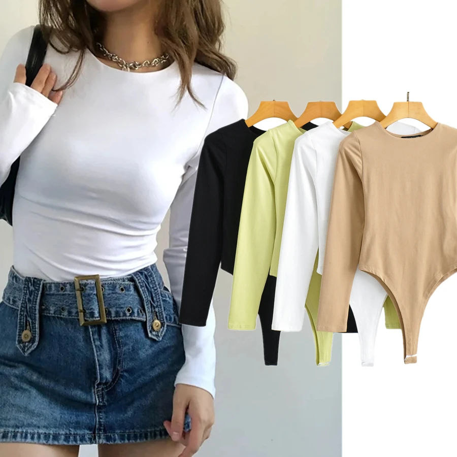 

Dave&Di Ins Fashion Blogger High Street Retro O-neck Sheath Long Sleeve Elastic Solid Sexy Bodysuits Women Tops