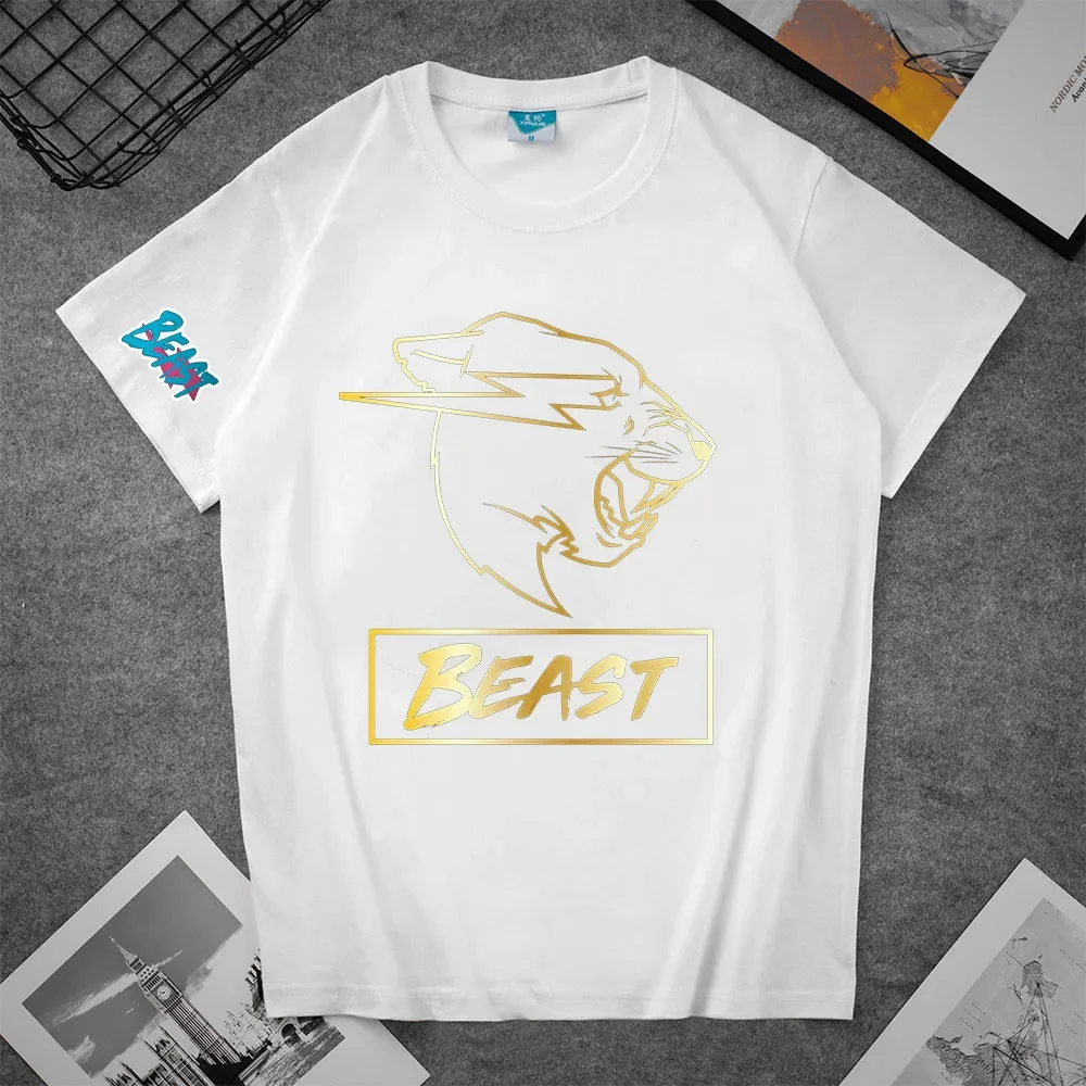 thumbnail image 1 of Camiseta de manga corta en blanco y negro de Mr Beast, de algodón de alta calidad, con cuello redondo y diseño de dibujos animados impresos para hombres y mujeres, 1 of 5