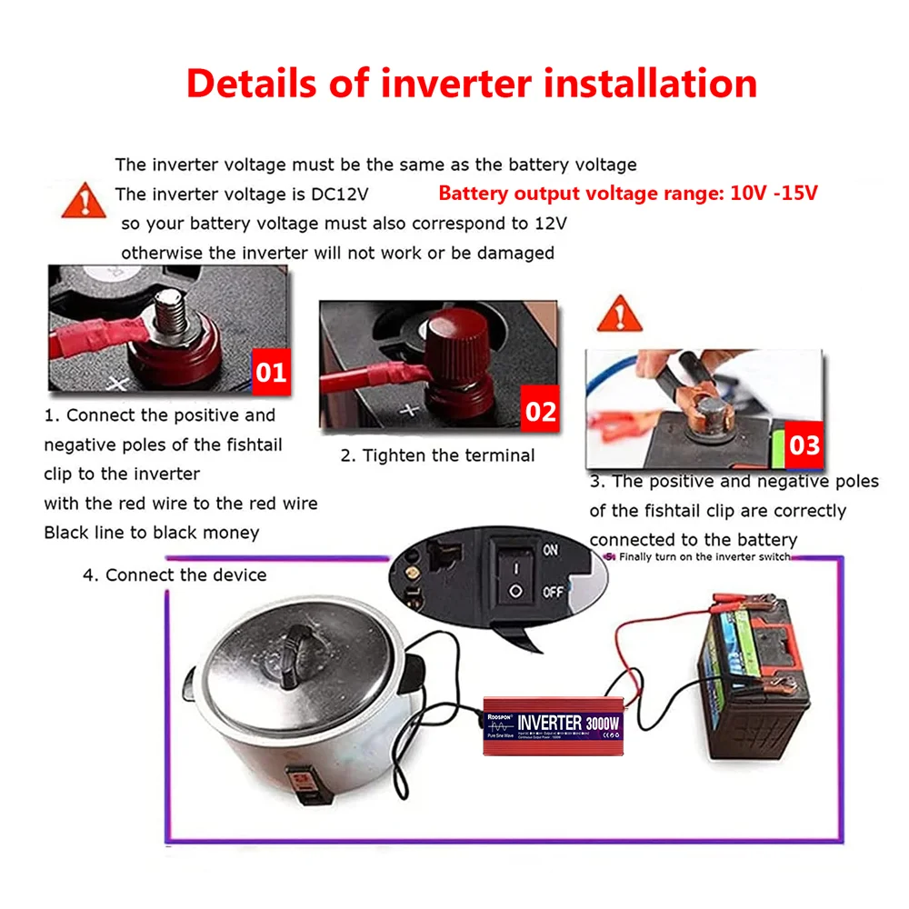 Description Picture 4 of itemPower Inverter Pure Sine Wave 3000W 2200W 1600W 1000W Portable Solar Inverter DC 12/24v to AC 220v Converter for Car Transformer