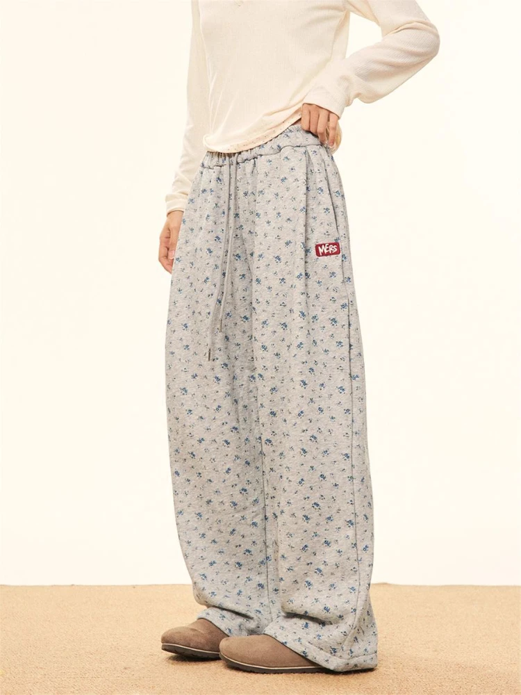 QWEEK Floral Print Baggy Sweatpants Women Grey High Waist Straight Vintage Korean Streetwear Y2K Casual Loose Wide Leg Pants